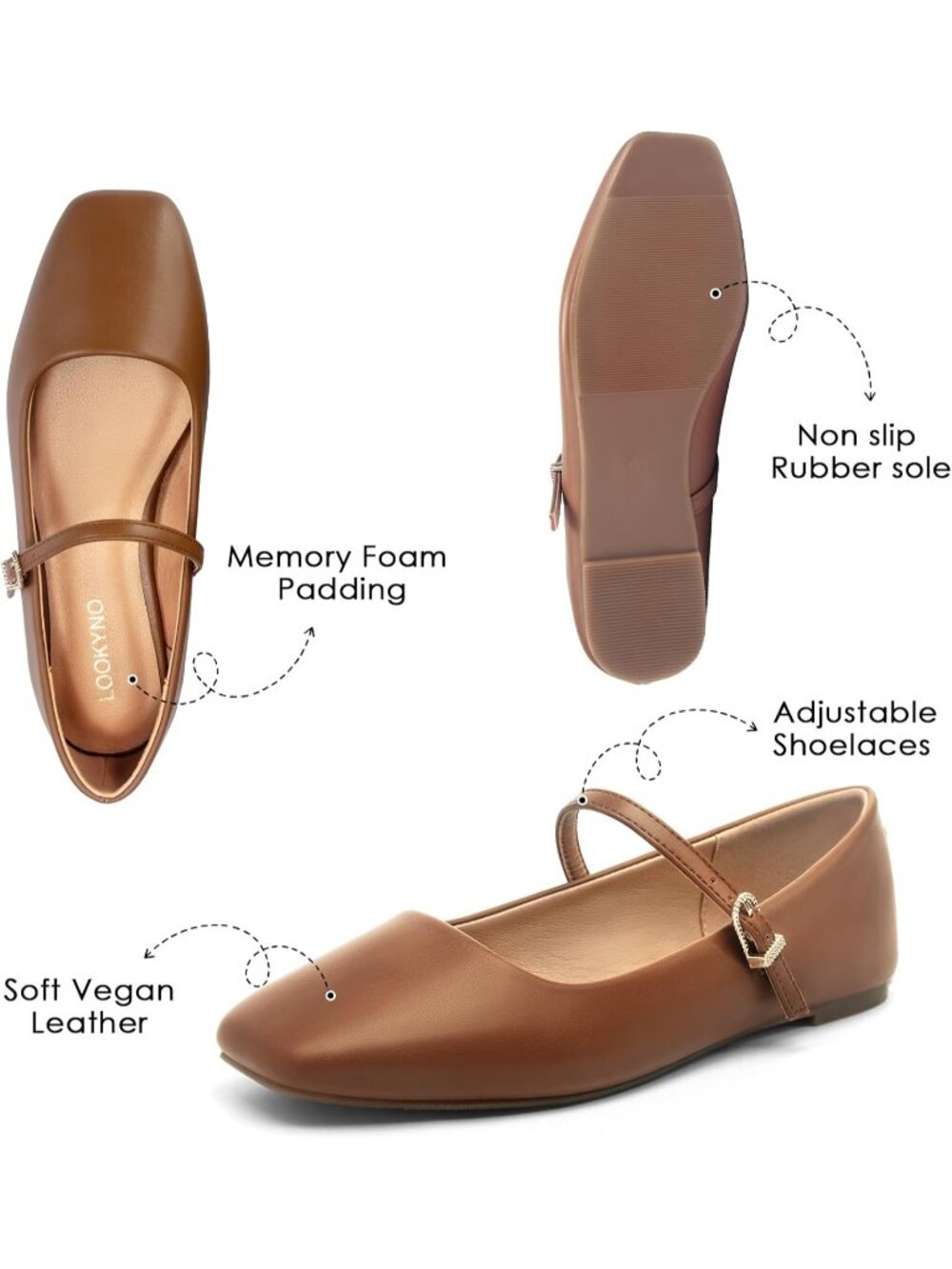 Women's Brown Leather Adjustable Strap Ballet Mary Jane Closed Toe Flats Shoes - Picture 5 of 6